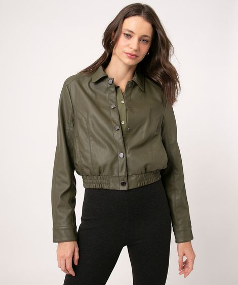 jaqueta cropped de pu verde escuro
