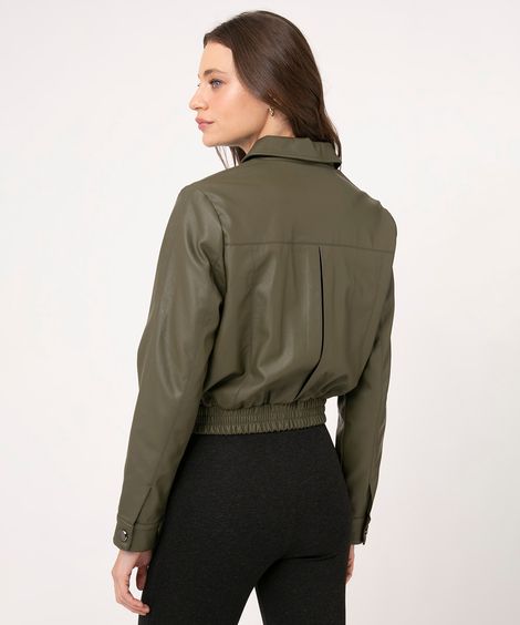 jaqueta cropped de pu verde escuro