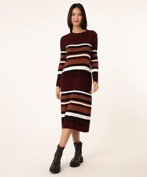 vestido midi de tricô listrado manga longa vinho