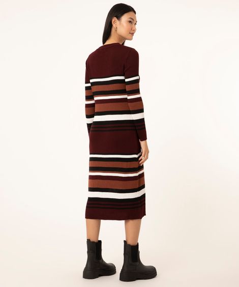 vestido midi de tricô listrado manga longa vinho