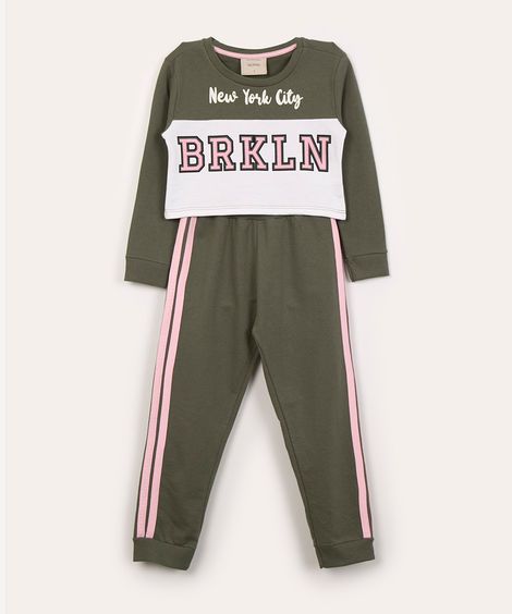 conjunto infantil de moletinho estampa college verde militar