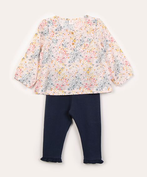 conjunto infantil de blusa de viscose floral e calça legging off white
