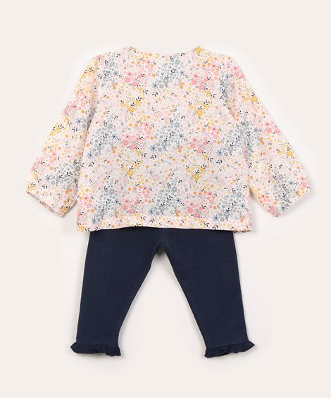 conjunto infantil de blusa de viscose floral e calça legging off white