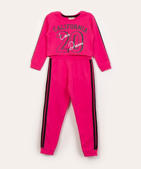 conjunto infantil de moletinho estampa college com glitter pink