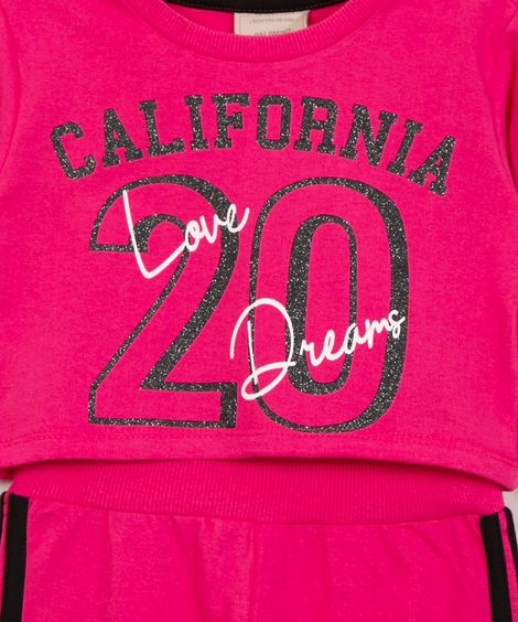 conjunto infantil de moletinho estampa college com glitter pink