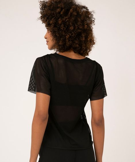 Camiseta de Tela Feminina Ampla com Patch de Papagaio Manga Curta Decote Redondo Preta