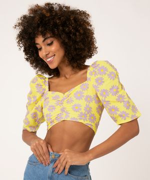 Blusa Cropped Estampada Floral Manga Curta Decote Princesa Amarelo Claro