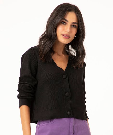 cardigan cropped de tricô canelado preto