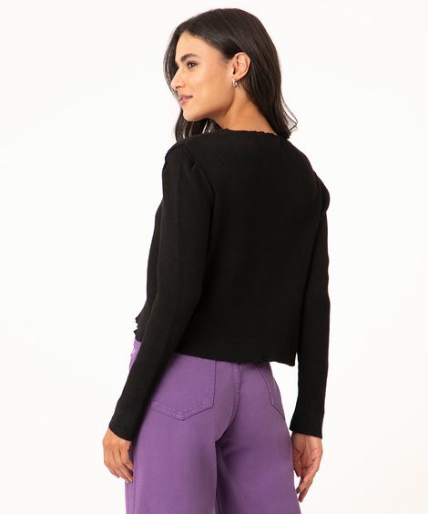 cardigan cropped de tricô canelado preto
