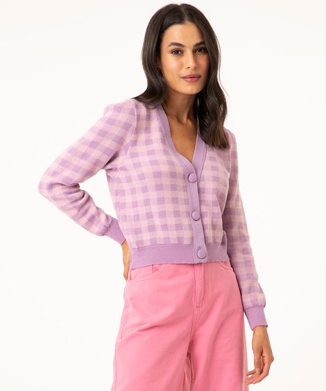 cardigan cropped de tricô xadrez lilás
