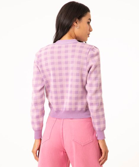 cardigan cropped de tricô xadrez lilás