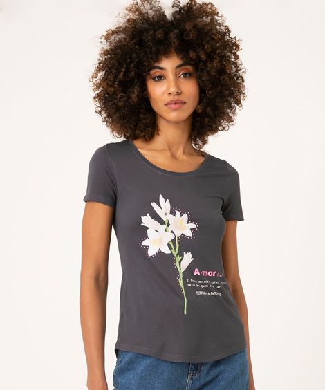 Camiseta Flores "Amor" Manga Curta Decote Redondo Chumbo