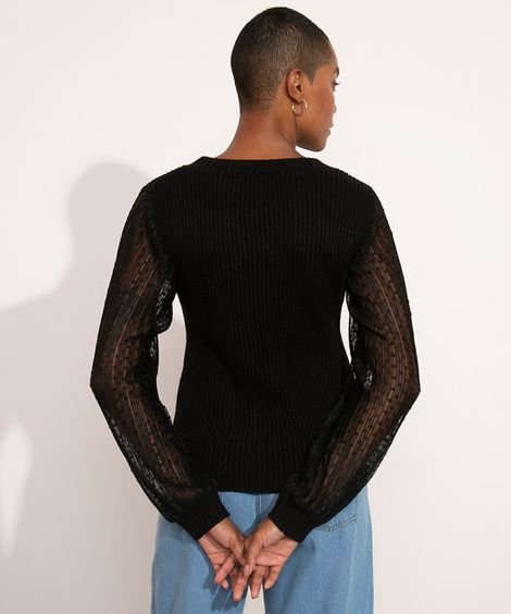 blusa de tricô manga longa rendada mindset preto