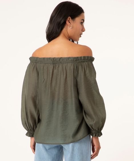 blusa ombro a ombro manga bufante com amarração verde militar