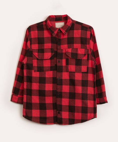 camisa xadrez juvenil de algodão com bolsos vermelha