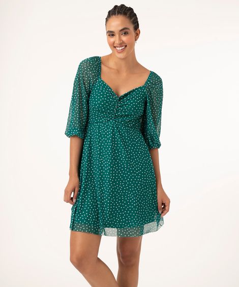 vestido de tule poá manga bufante verde
