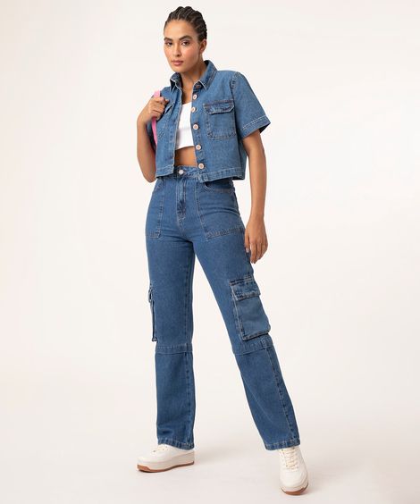 calça reta jeans cargo azul médio