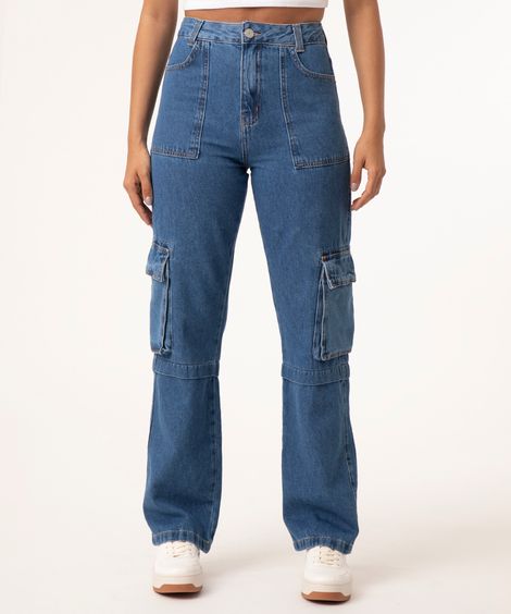 calça reta jeans cargo azul médio