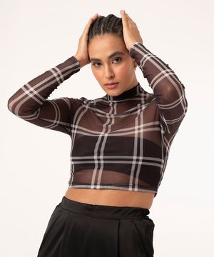 blusa cropped de tule xadrez preta