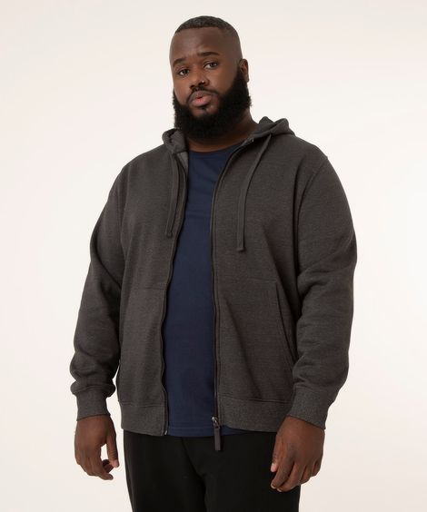 blusão plus size básico de moletom com capuz cinza mescla escuro