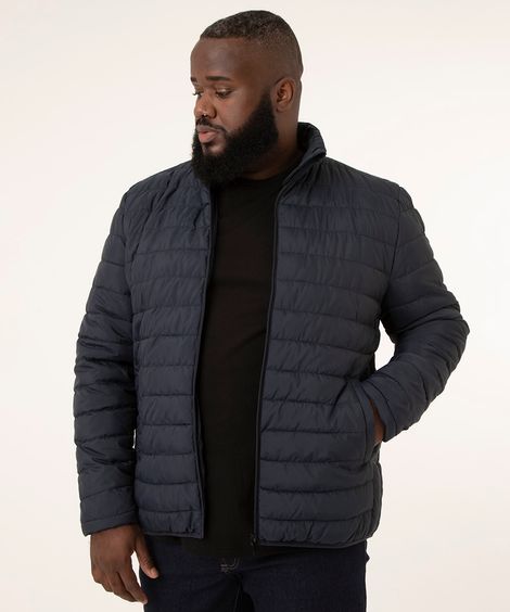 jaqueta puffer de nylon plus size básica com bolsos gola alta azul marinho