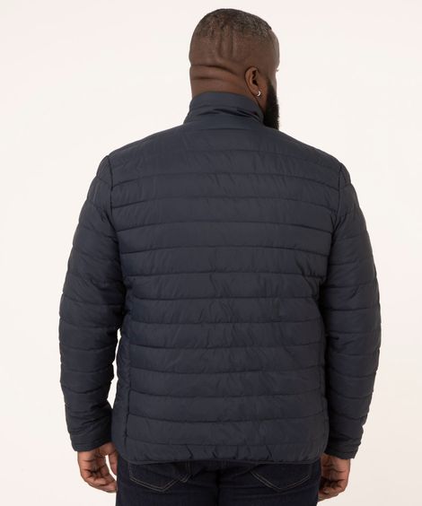 jaqueta puffer de nylon plus size básica com bolsos gola alta azul marinho