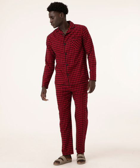 pijama camisa manga longa de flanela vermelho