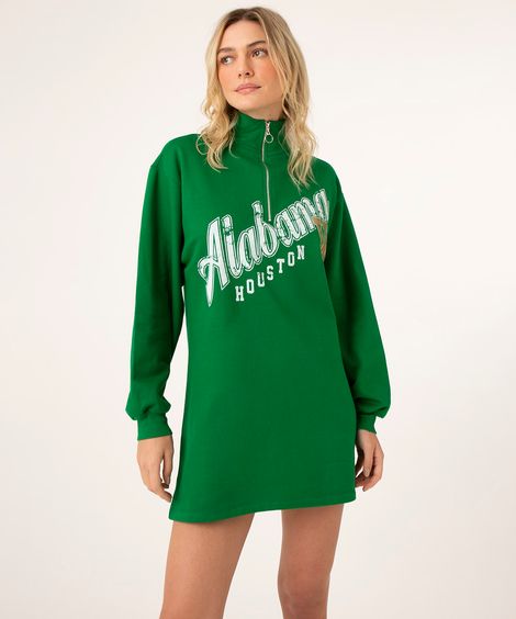vestido curto de moletom manga longa college verde bandeira