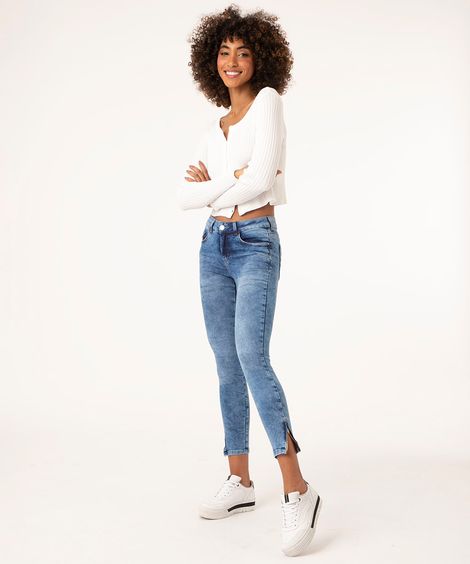 calça super skinny jeans com zíper azul claro