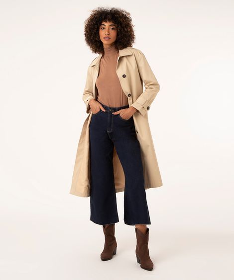 calça wide leg cropped jeans  azul escuro