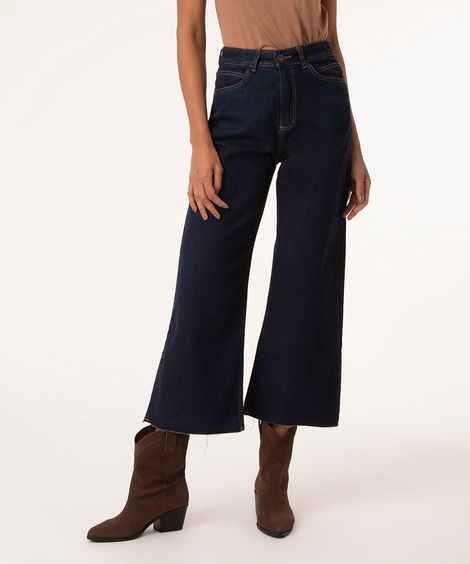 calça wide leg cropped jeans  azul escuro