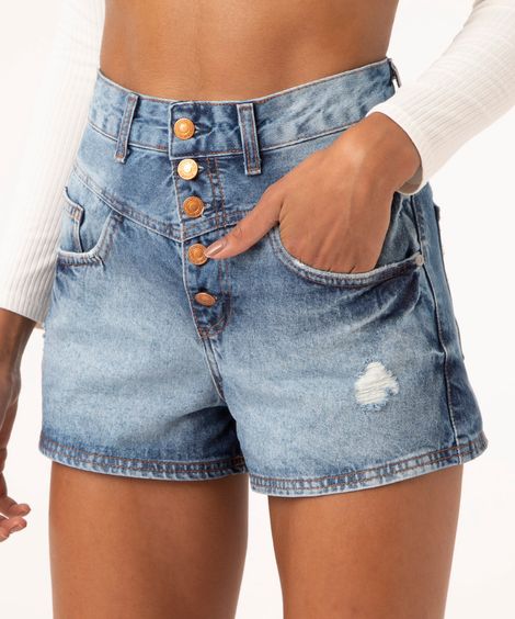 short vintage jeans com botões azul médio