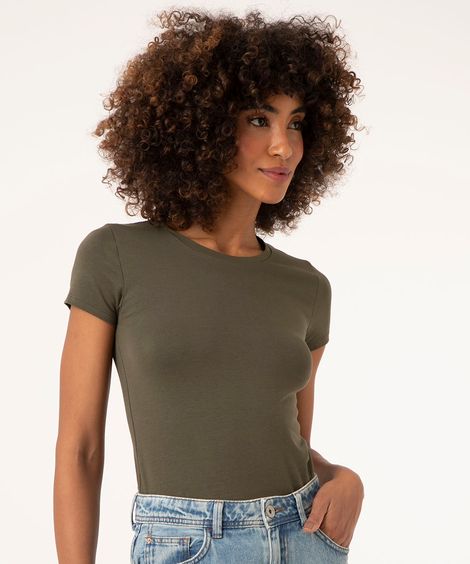 Camiseta Feminina Básico Manga Curta Decote Redondo Verde Militar