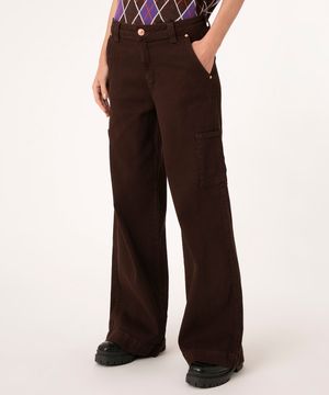calça pantalona de sarja cotelê cintura baixa marrom escuro