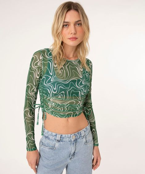 blusa cropped de tule psicodélica com franzido de amarração verde escuro