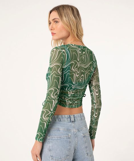 blusa cropped de tule psicodélica com franzido de amarração verde escuro