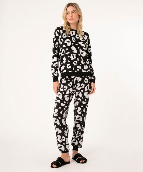 pijama de fleece animal print calça jogger preto