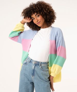 cardigan longo de tricô listrado multicor