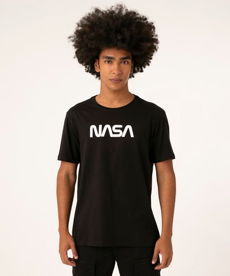 camiseta de algodão manga curta nasa preta