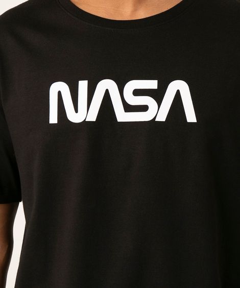 camiseta de algodão manga curta nasa preta
