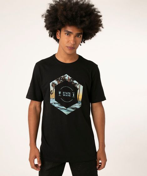 camiseta de algodão estampa localizada geométrica preta
