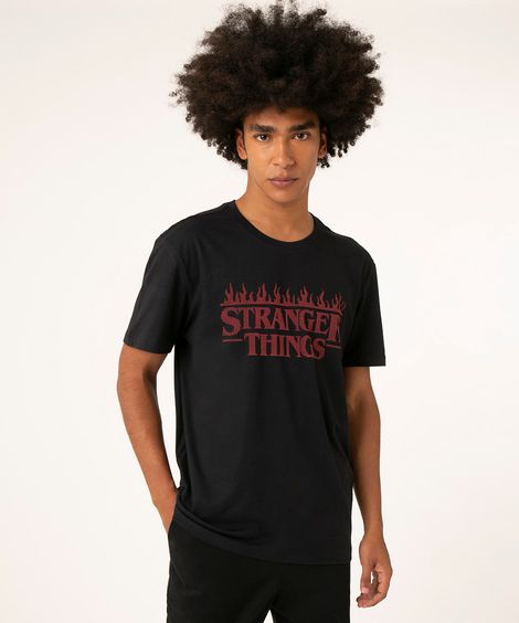 camiseta de algodão manga curta stranger things preta