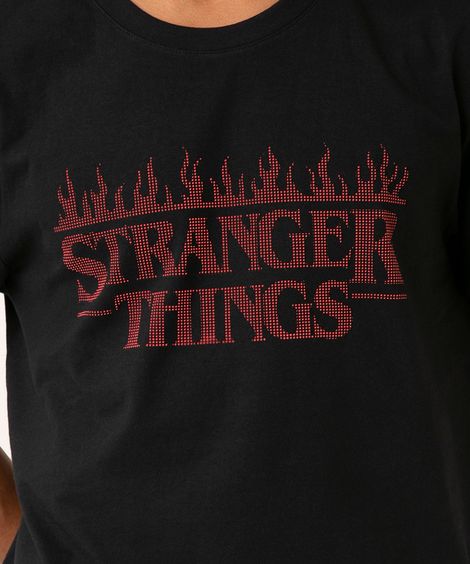 camiseta de algodão manga curta stranger things preta