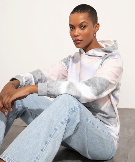 Blusão de Moletom Feminino Mindset Estampada Tie Dye com Capuz e Bolso Off White