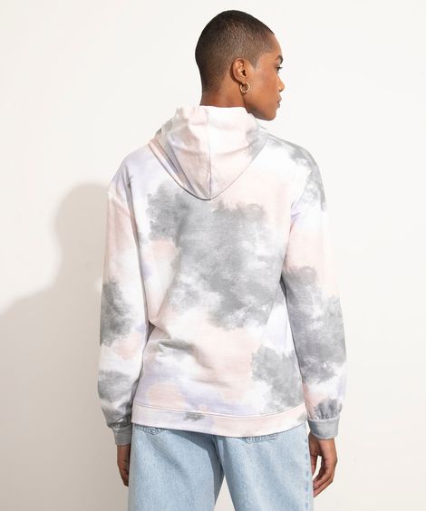 Blusão de Moletom Feminino Mindset Estampada Tie Dye com Capuz e Bolso Off White