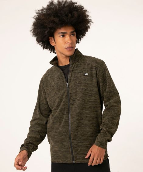 jaqueta de fleece esportiva gola alta verde militar