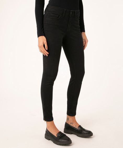 calça super skinny de sarja cintura média com zíper preta