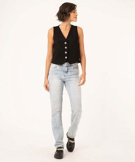calça reta jeans cintura média azul claro
