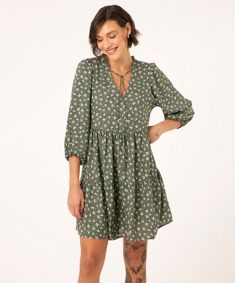 vestido curto de viscose manga bufante floral verde