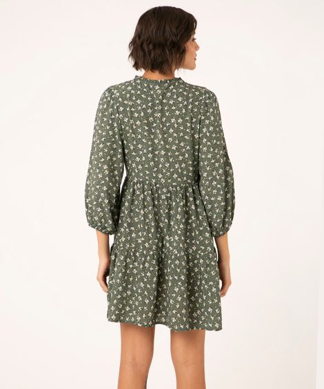 vestido curto de viscose manga bufante floral verde